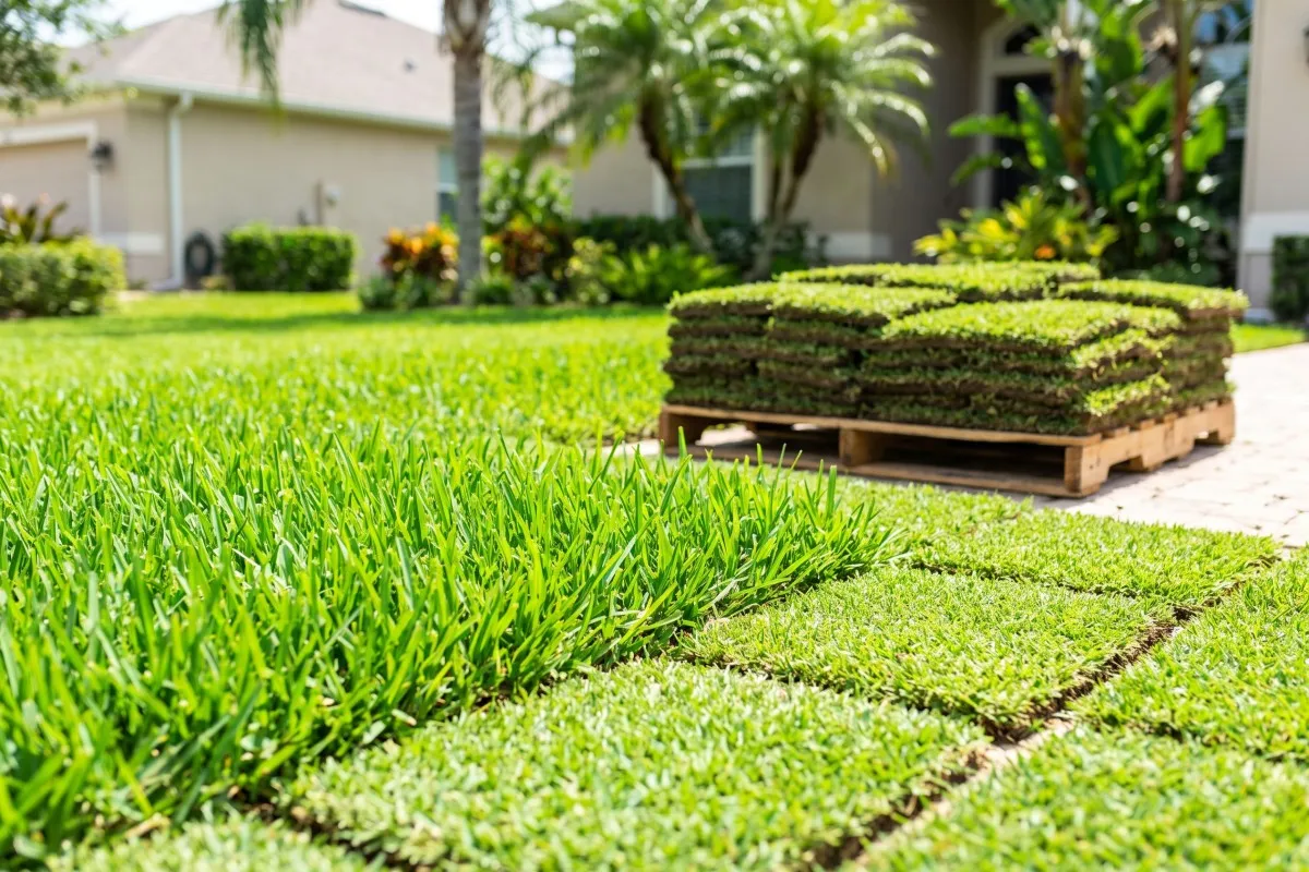 A stack of fresh sod squares on a wooden pallet beside a green lawn, with palm trees and a house behind.