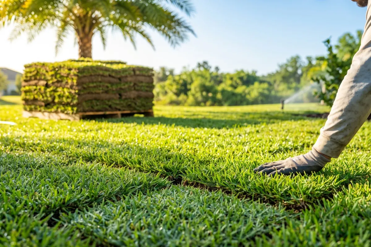 A gloved hand presses freshly laid sod as a sprinkler runs near a stacked pallet of turf beneath a palm tree.