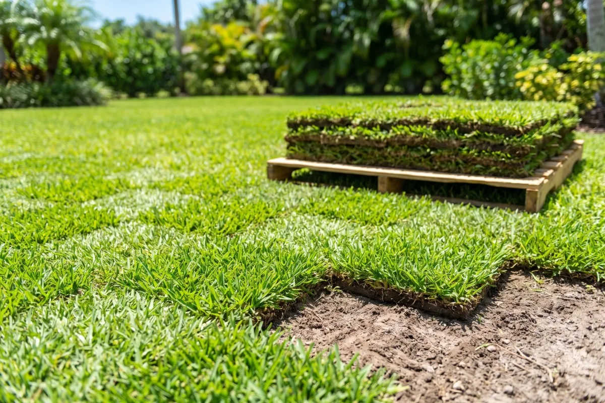 Fresh sod squares being laid over bare soil beside a wooden pallet stacked with rolls of green turf.