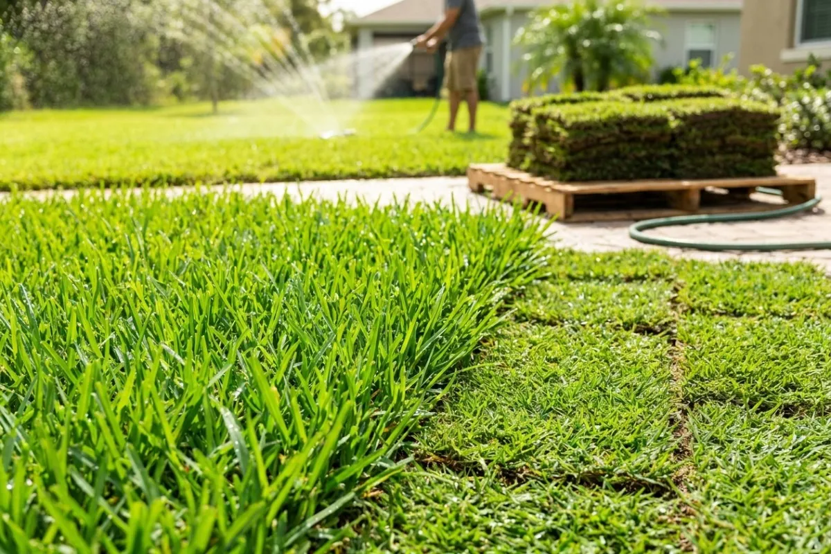Fresh-cut sand-bottom sod squares on the pallet, staged for a same-day Tampa Bay install