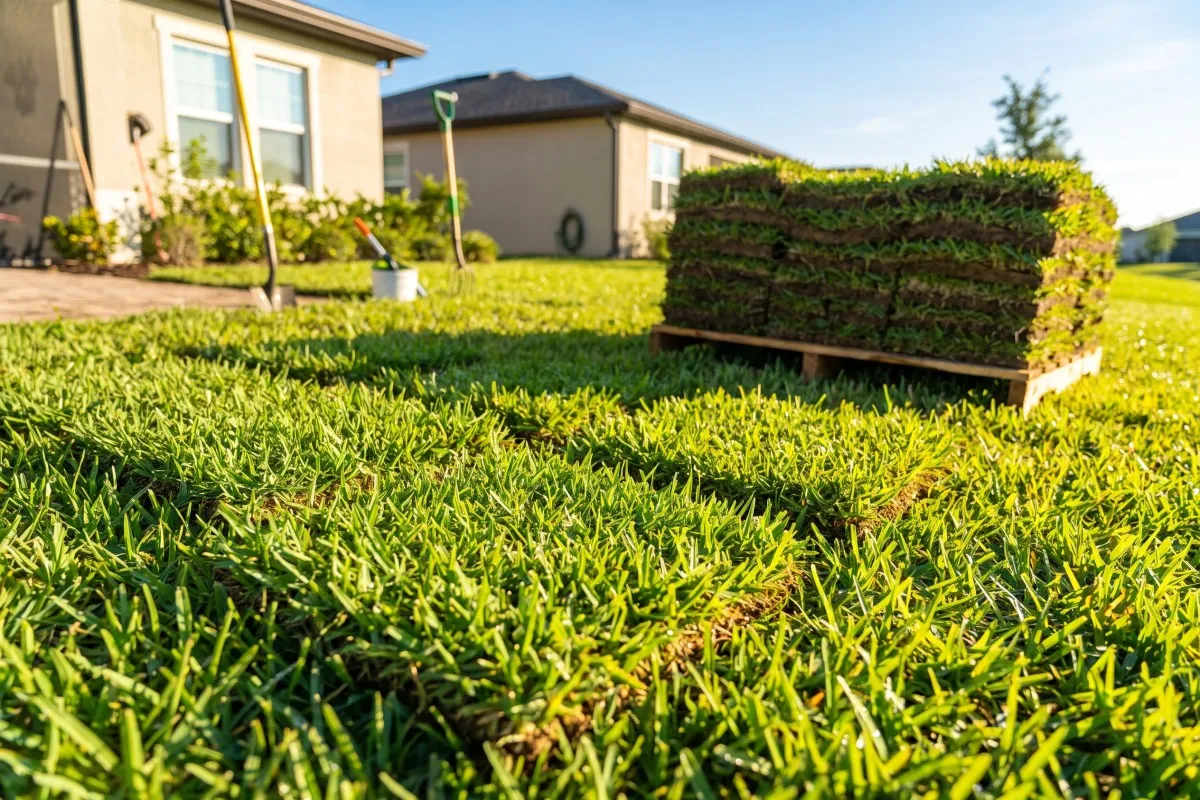 A pallet of stacked sod rolls sits on a freshly laid green lawn in front of a house, with garden tools nearby.