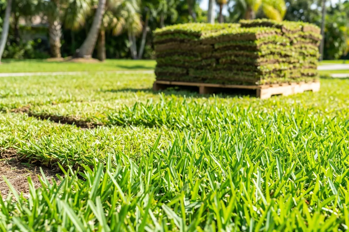 Squares of fresh-cut bahia sod stacked on a pallet before a Hillsborough County install