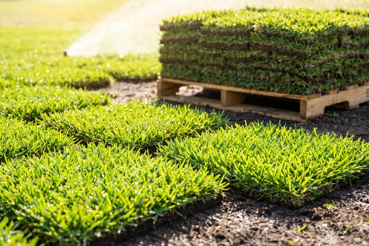 Freshly laid sod slabs on soil beside a stacked wooden pallet of sod, with a sprinkler watering the lawn behind.