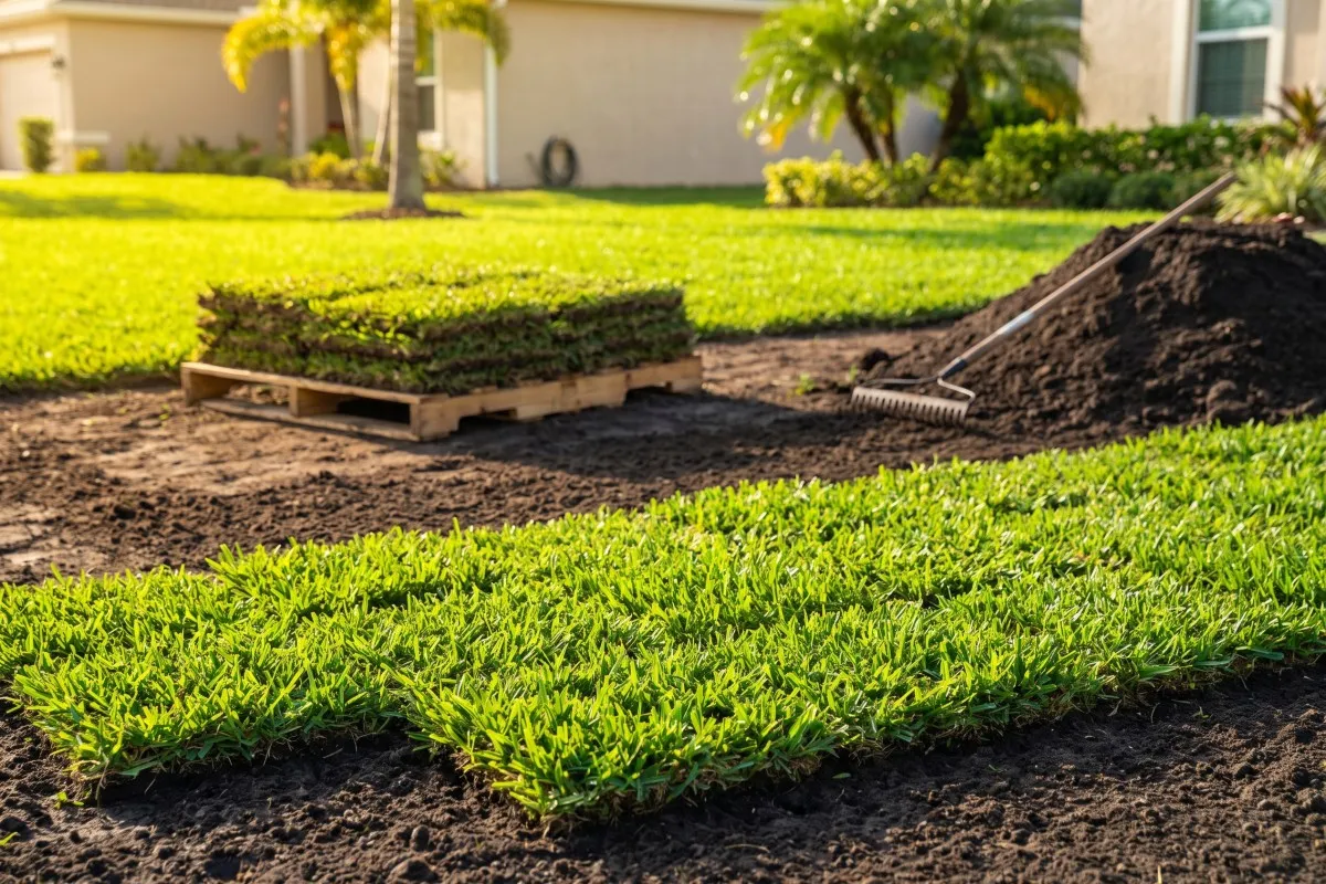 Fresh sod strips laid over dark soil beside a stacked pallet of turf, a rake, and a mound of dirt in a sunny yard.