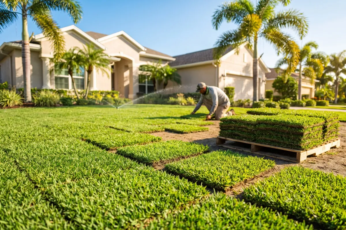 A worker lays fresh sod rolls on a front yard beside a stacked pallet, palm trees and a house behind.