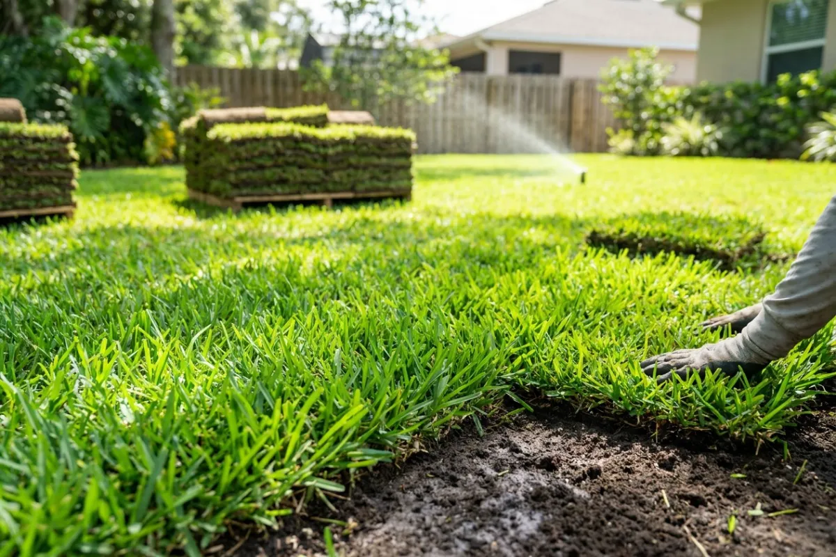 Fresh-cut sand-bottom sod squares on the pallet, staged for a same-day Tampa Bay install