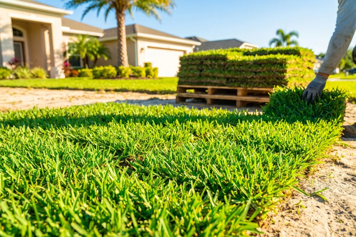 A gloved worker lays fresh sod from a stacked pallet over sandy soil in front of a house with palm trees.