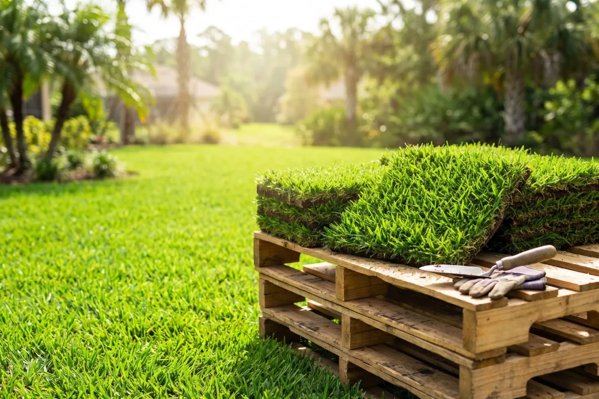Folded sod squares stacked on a wooden pallet with gloves and a trowel, beside a green lawn and palm trees.