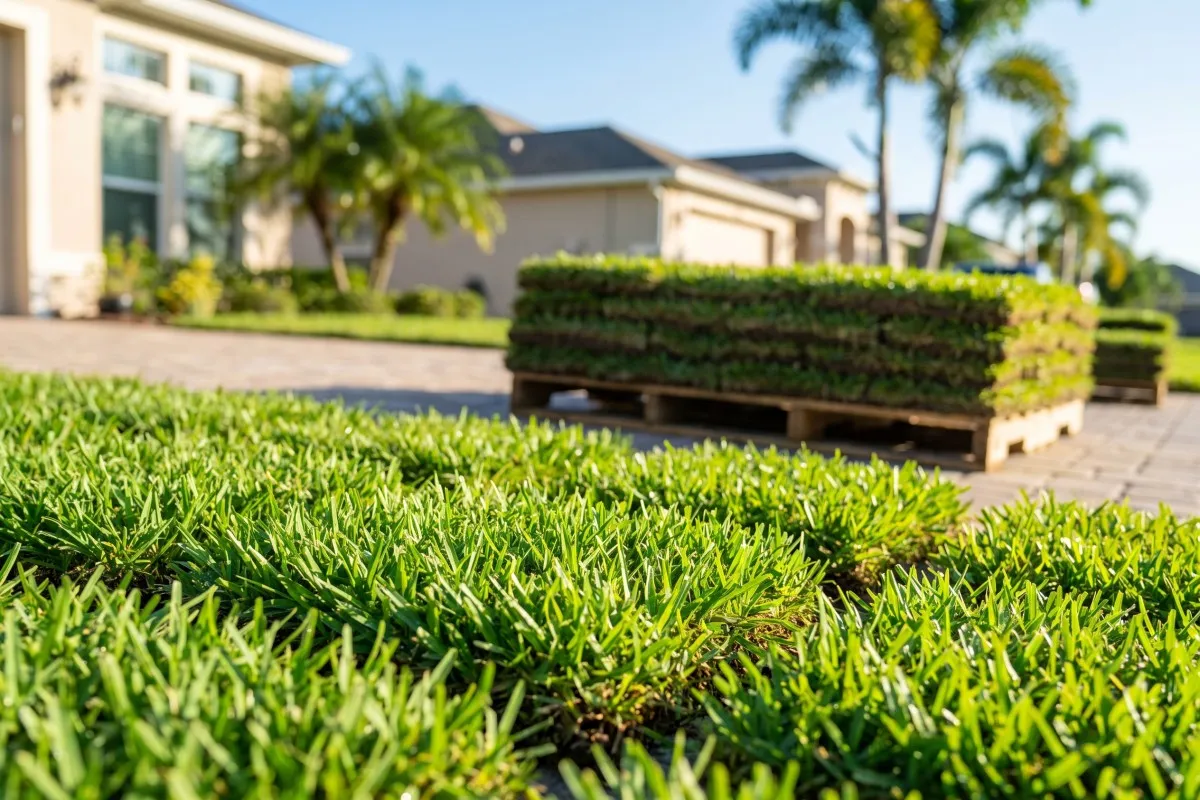 Stacked pallets of rolled sod sit on a paved driveway beside fresh green grass, with houses and palm trees behind.