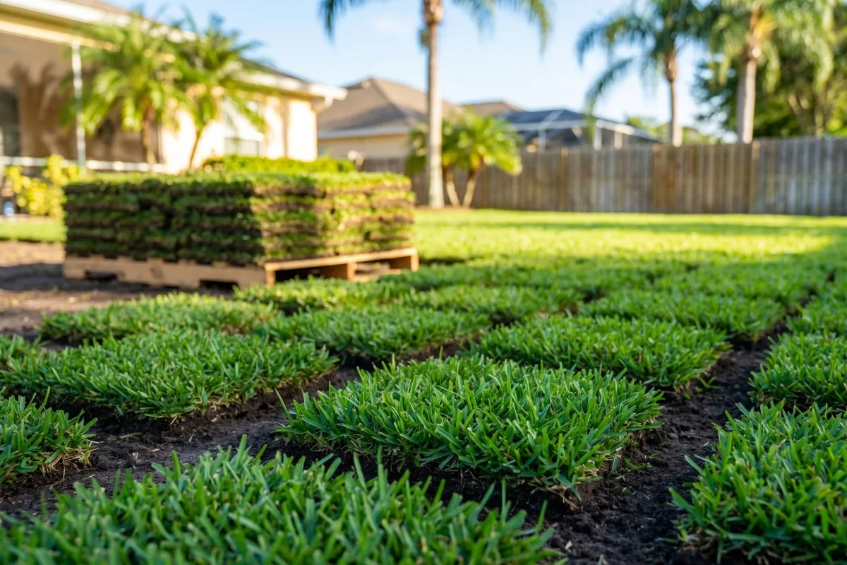 Freshly laid sod squares on dark soil beside stacked pallets of sod in a backyard with palm trees and a wooden fence.