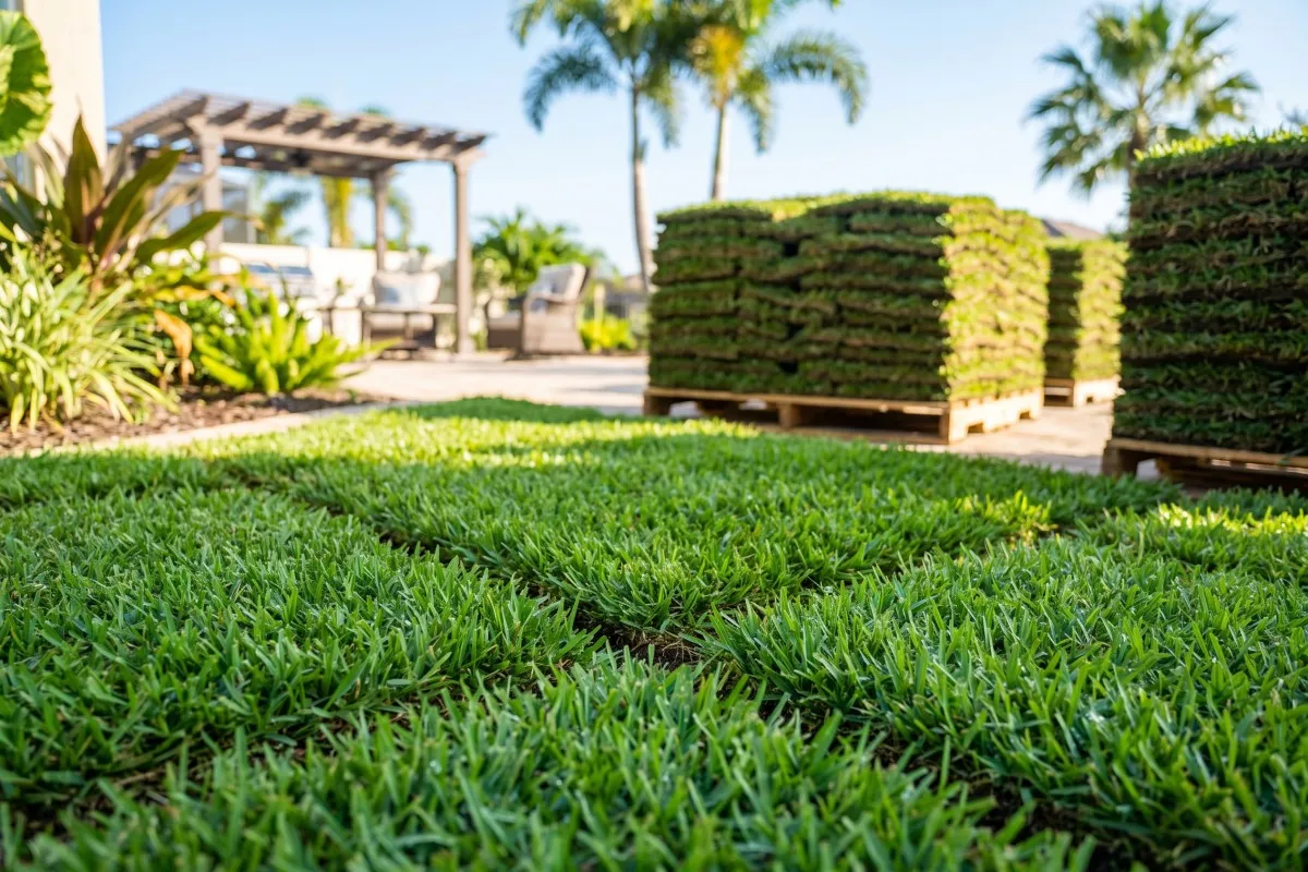Freshly laid sod lawn with stacked pallets of sod, palm trees, and a pergola patio in the background.