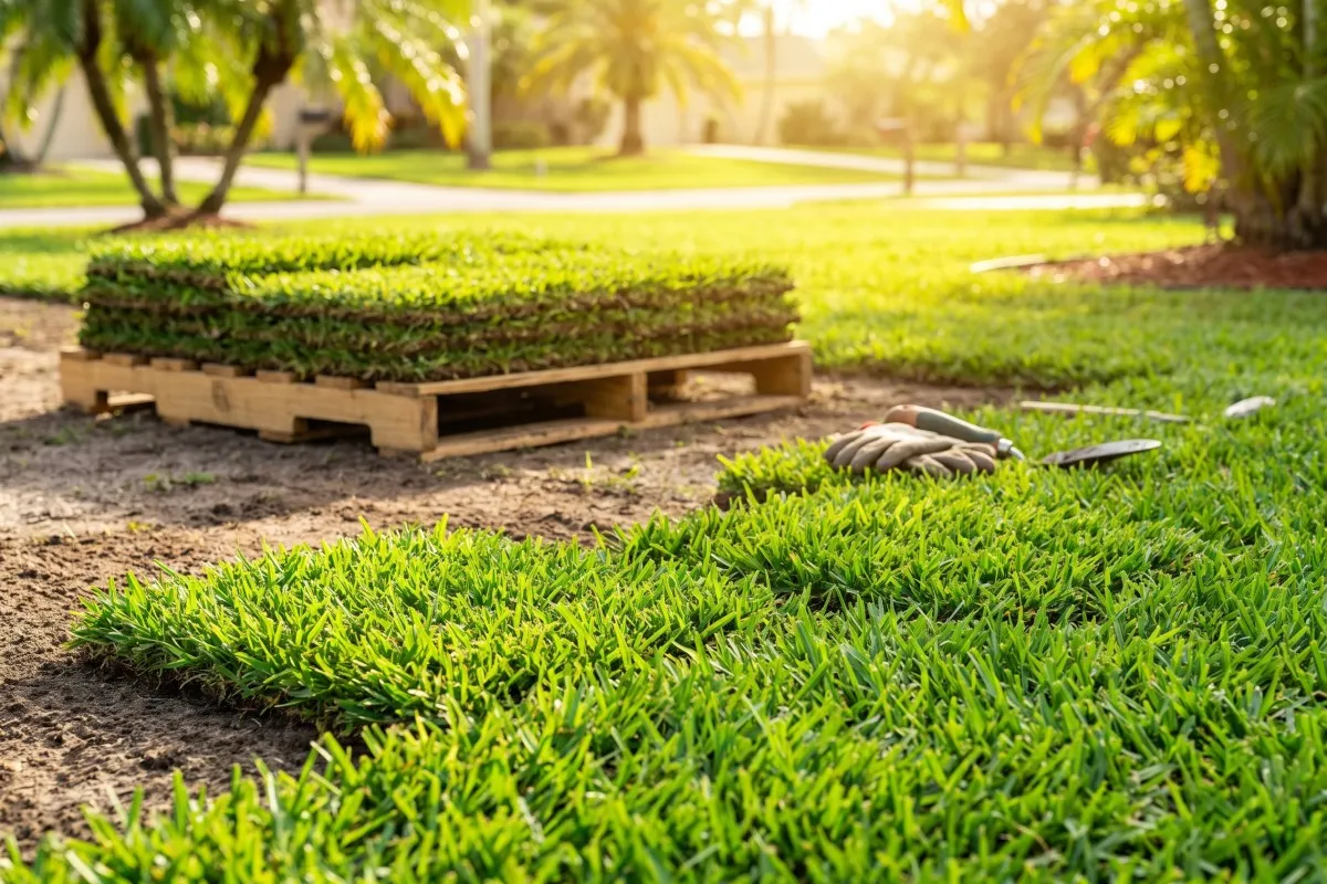 Squares of fresh-cut St. Augustine sod stacked on a pallet beside a partly sodded yard, ready for install in a Tampa Bay backyard.