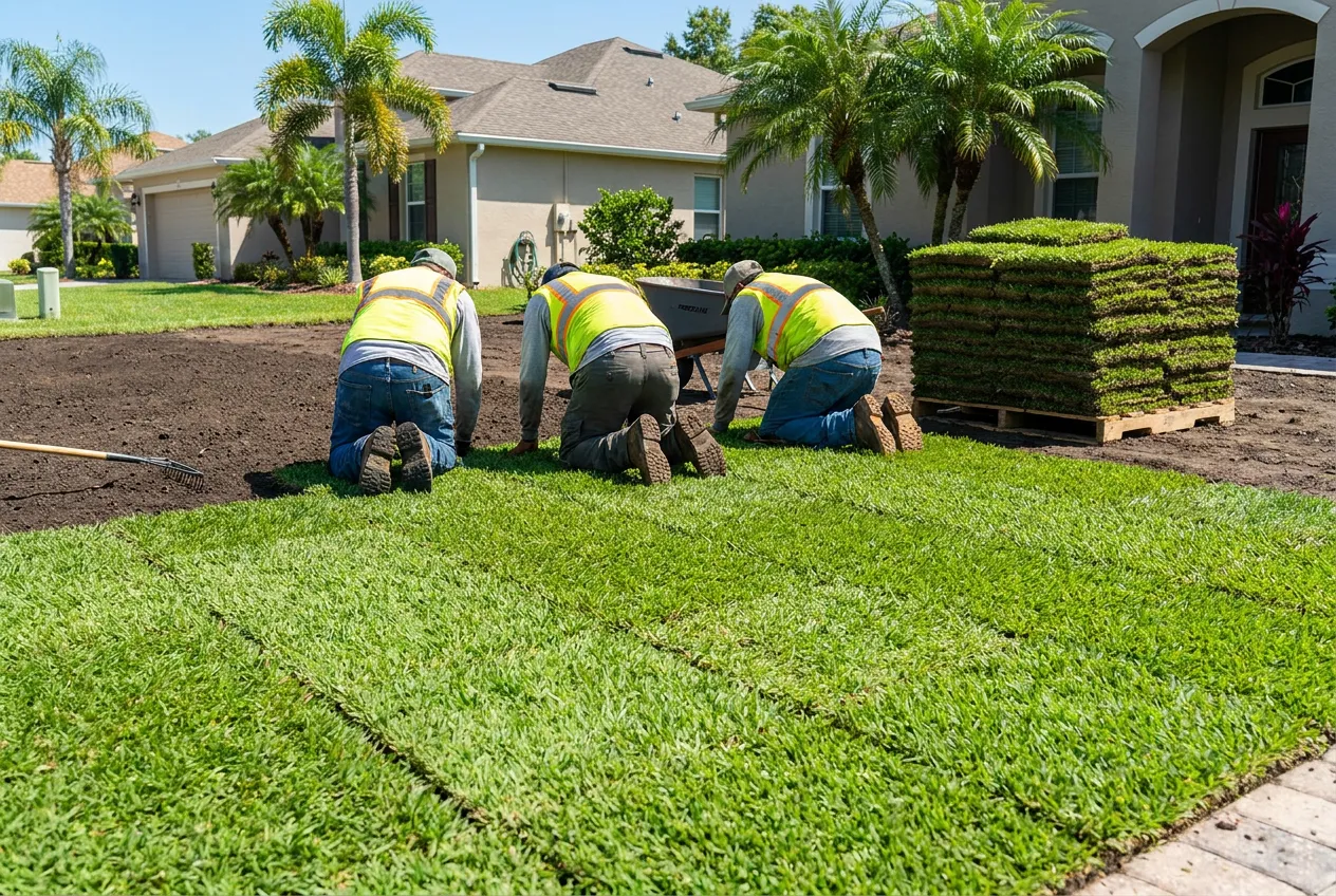 Crew laying fresh green square-slab sod on graded soil