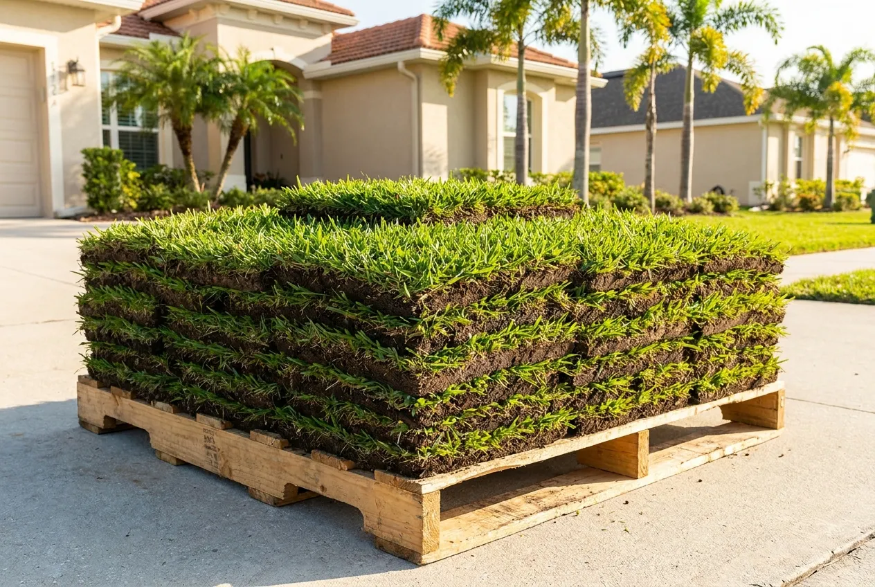 A pallet of fresh-cut square-slab sod delivered to a Florida home, ready to install